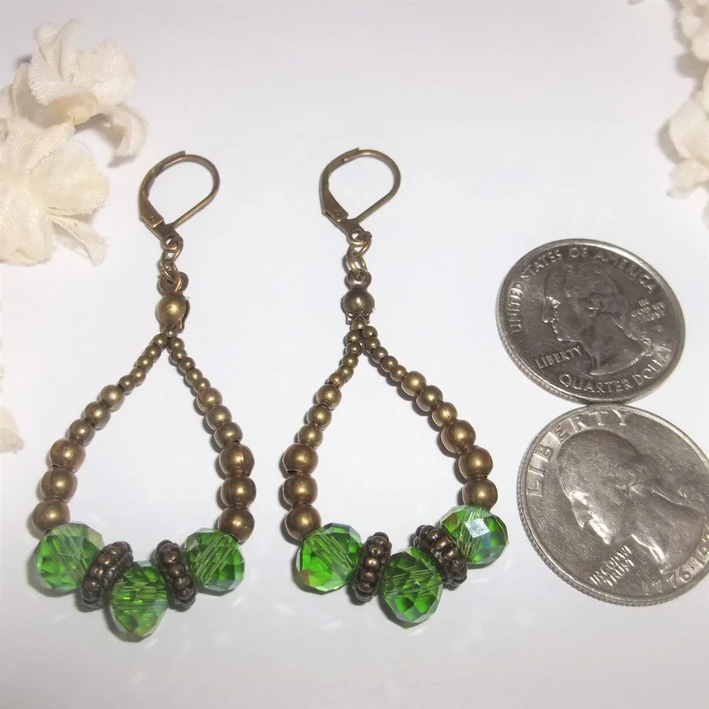 Faux Emerald Green and Bronze Hoop Earrings Boho Style Jewelry Gift Idea 7040 - Picture 2 of 6
